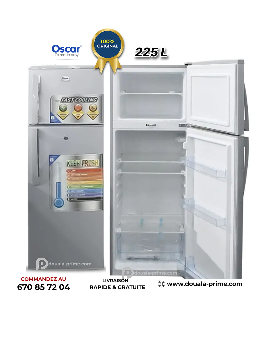 REFRIGERATEUR DOUBLE BATTANT OSCAR  OSC-R255S 225L