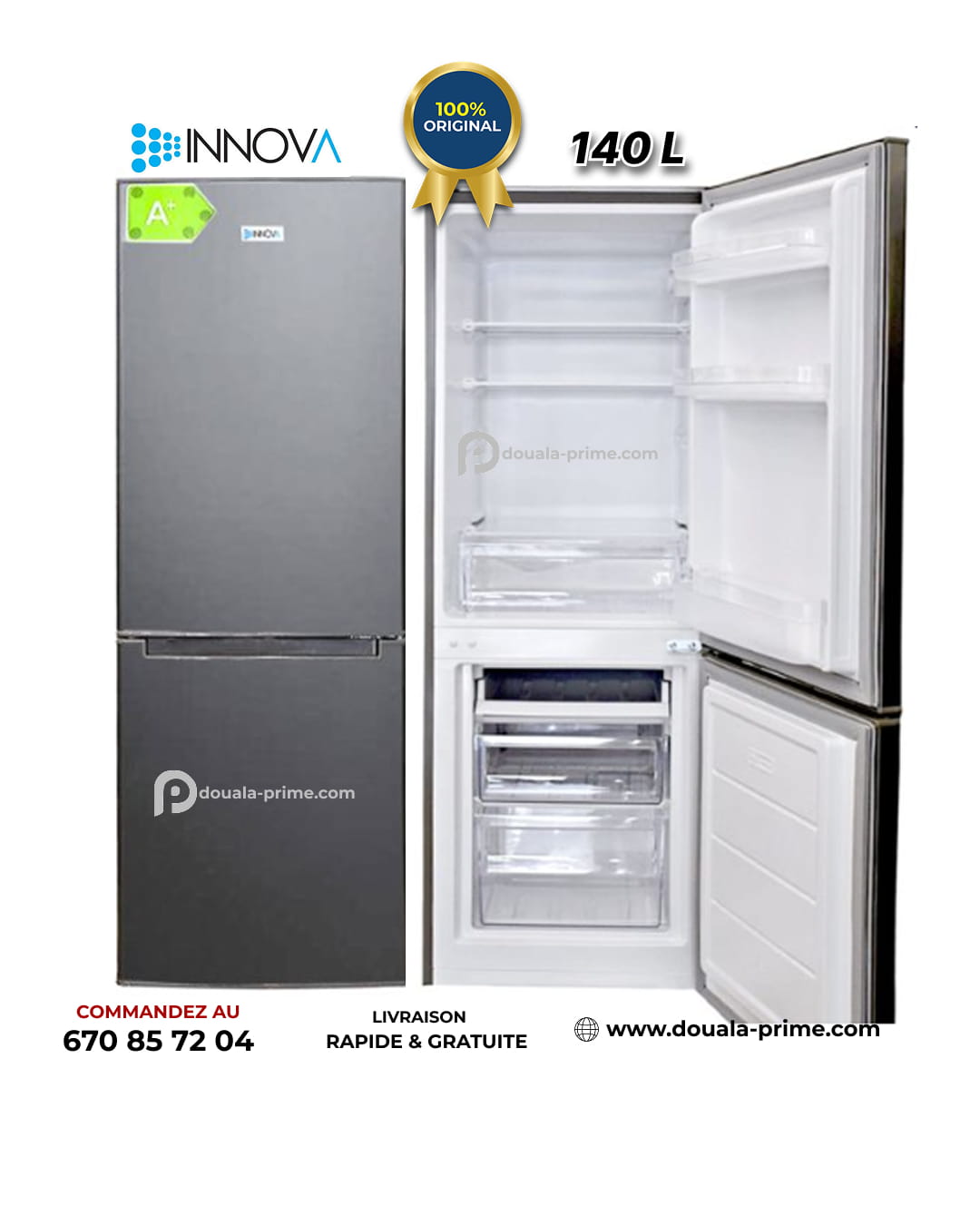 Réfrigerateur Combiné - INNOVA - IN-255 - 140L - Économique (A+) - Gris