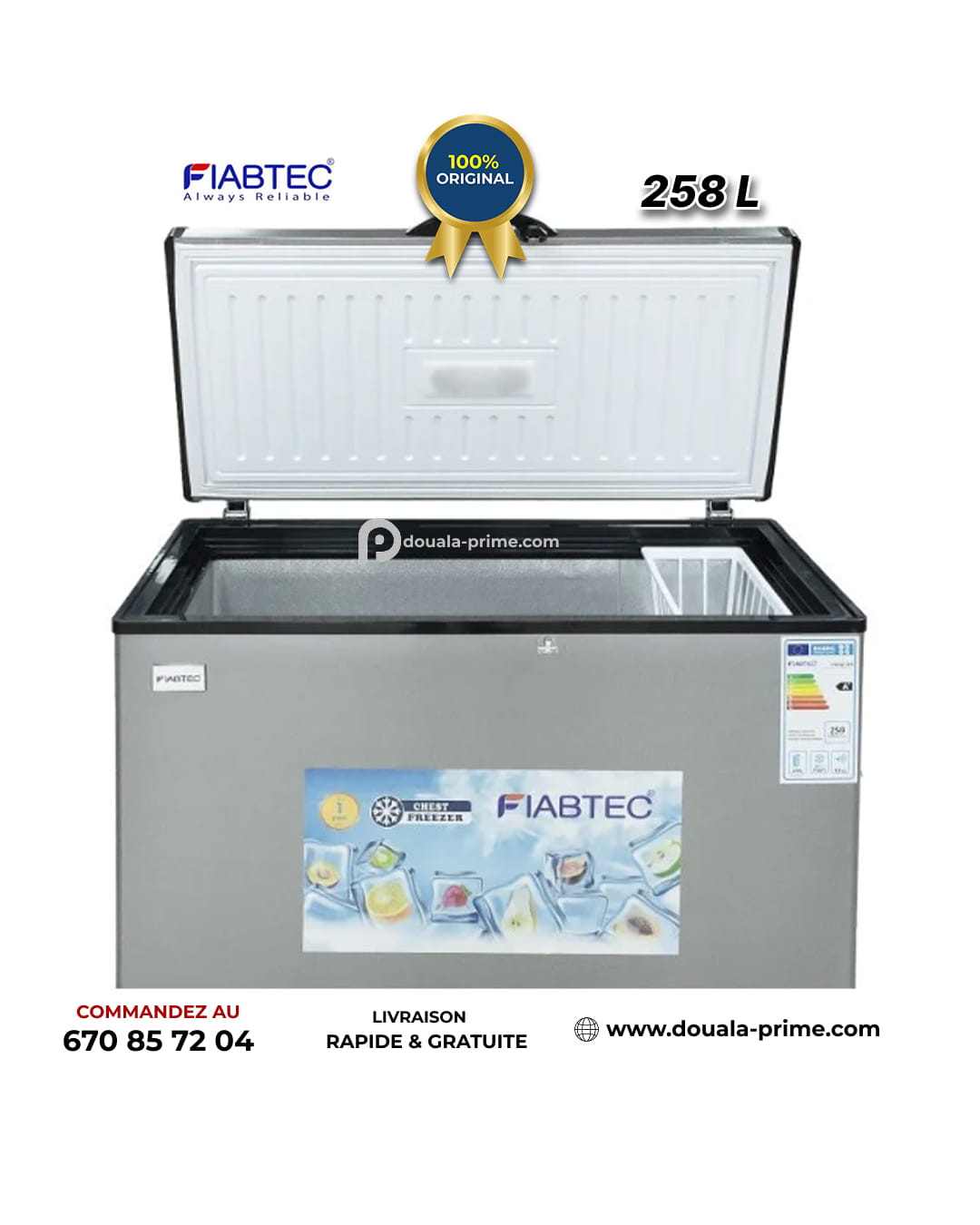 Congélateur coffre - FIABTEC - FTCFQ-258 - 258 Litres - Classe Éco A+ - Gris