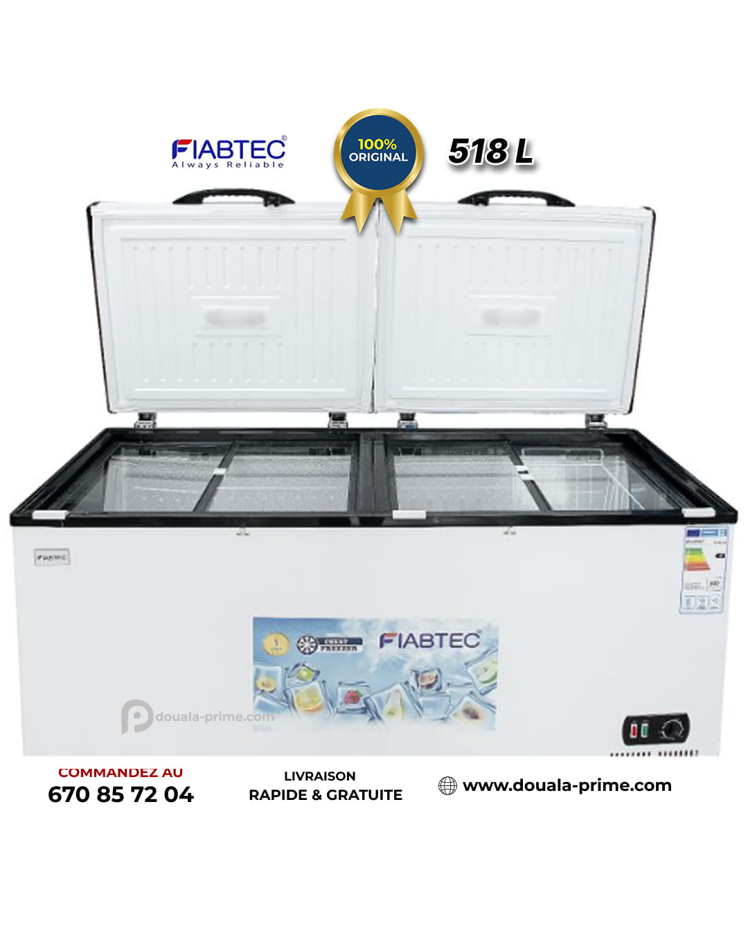 Congélateur coffre à vitres coulissantes – FIABTEC - FTCFQ-518 – 518 Litres – Classe Éco A+ – Gris