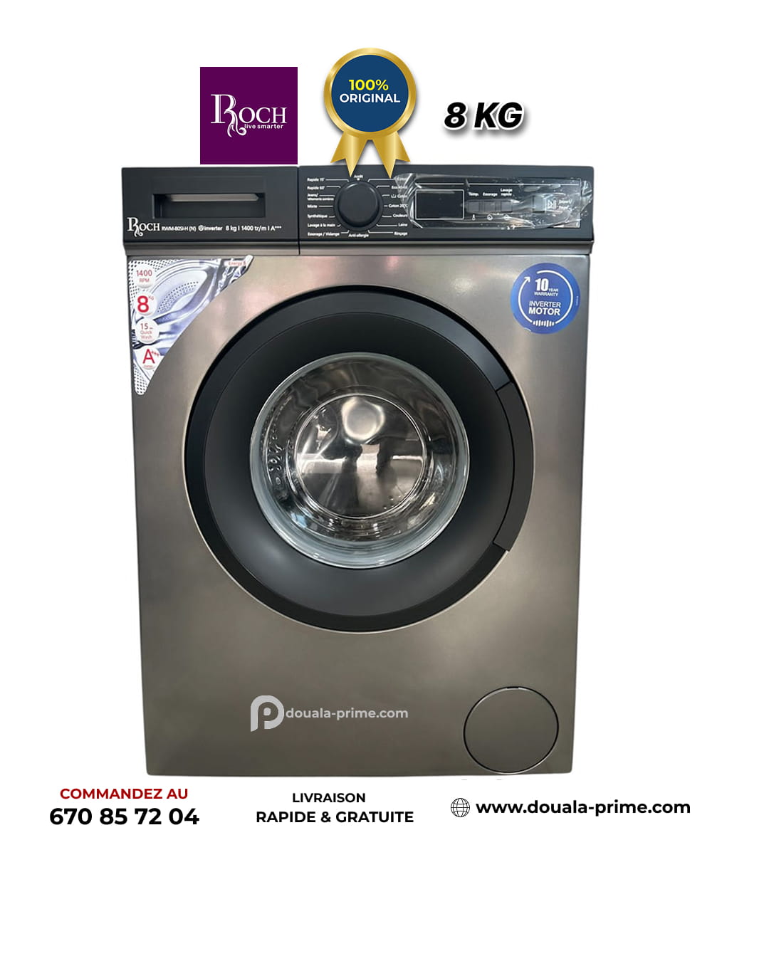 Machine à laver automatique Roch Inverter - 8Kg - RWM- 80SI-H-(N)