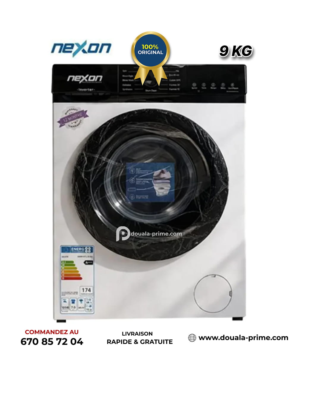 Machine à Laver Frontale NEXON – 9 Kg – Inverter – Lavage Vapeur – Grande Capacité – Classe A+++
