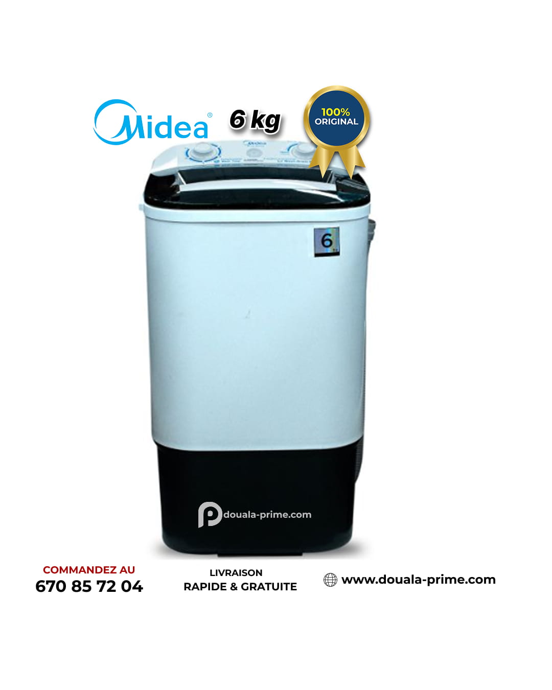Machine à laver semi‑automatique MIDEA 6 Kg – MTT 60‑WP 2403 – Cuve unique – Chargement par le haut – Blanc