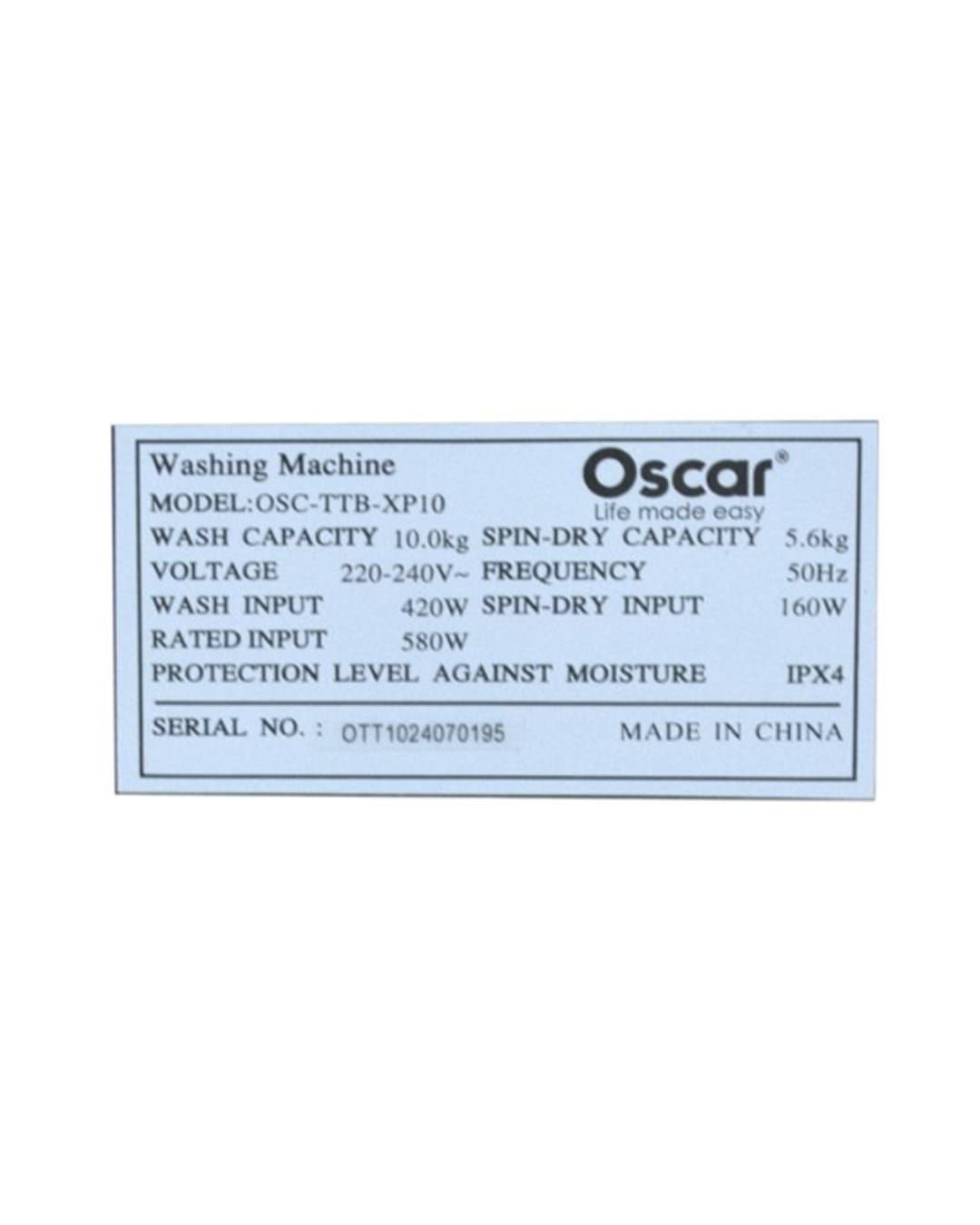 MACHINE A LAVER SEMI-AUTOMATIQUE OSCAR OSC-TTB-XP10 10KG