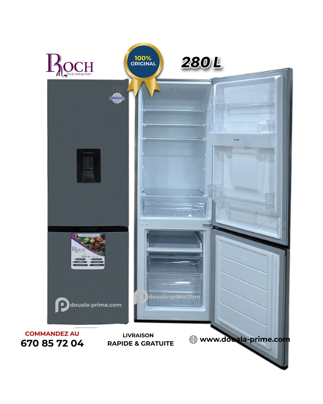 Réfrigérateur combiné - Roch - RFR-330-DBWD-B - 280L NoFrost avec distributeur d'eau - Gris