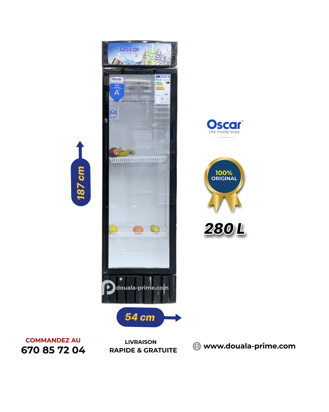 Réfrigérateur Vitrine - Oscar - Une Porte - OSC-V400 - 280 Litres - Noir