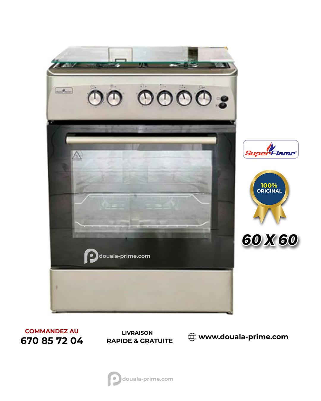 Cuisinière à Gaz - SUPER FLAME - STANDARD - SFK606040G - 4 Feux - 60 x 60 Automatique Tout option- INOX