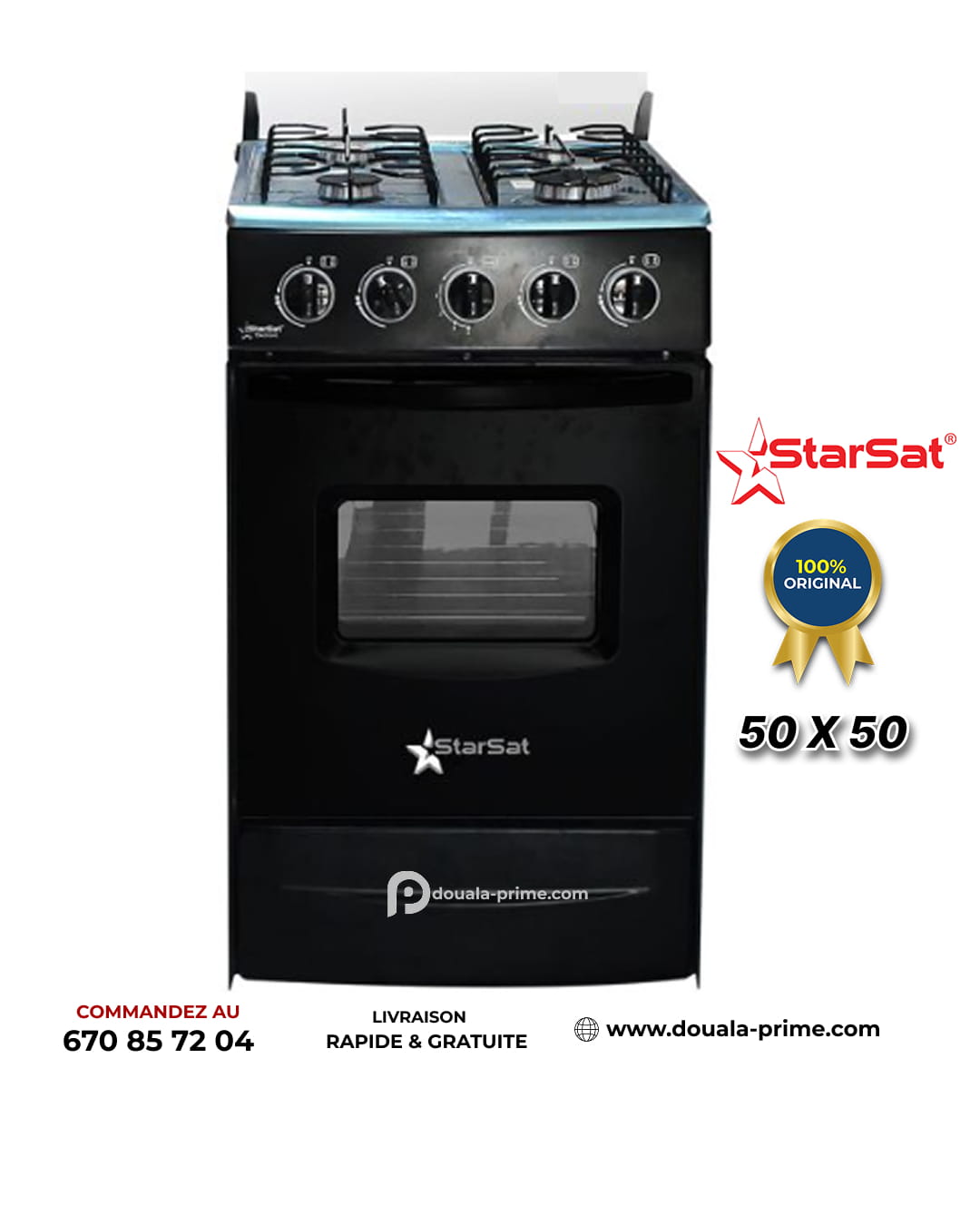 Cuisinière à Gaz StarSat - 4 Feux - 50 × 50 cm - Acier inoxydable - Noir