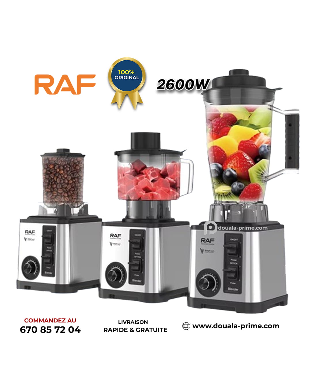 ROBOT MIXEUR ELECTRIQUE RAF 3 EN 1 R.2865 2600W 1,5L