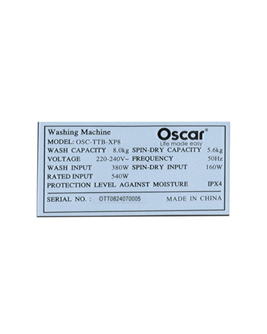 MACHINE A LAVER SEMI-AUTOMATIQUE OSCAR OSC-TTB-XP8 8KG