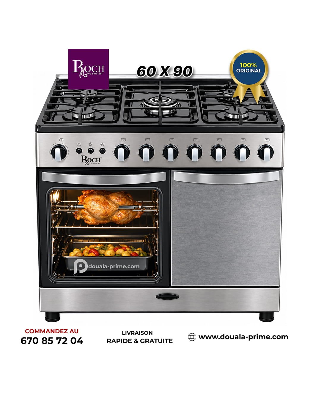 Cuisinière à Gaz ROCH RGC-90G5-T(S) – 5 Feux – 60×90 cm – Full Option – Four avec Rôtisserie & Minuterie – Compartiment pour Bouteille de Gaz